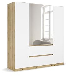 Rauch Möbel NIDDA, Kleiderschrank, Farbe Weiß/Eiche Artisan, Breite 181 cm | Schrank, Kinderkleiderschrank, 4-türig, Spiegel, 2 Schubladen, Push-to-open, für Schlafzimmer, Babyzimmer, Garderobe