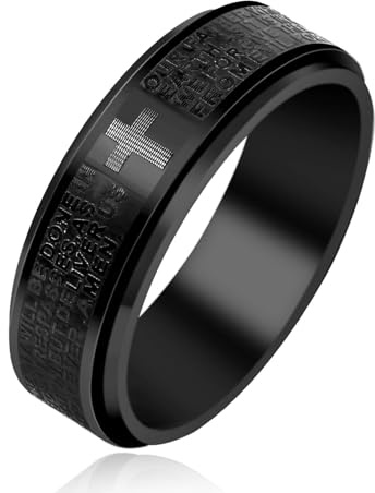 Oneress Christlicher Bibelring für Herren, Titanstahl, Drehbarer Ring mit Vaterunser & Kreuzgravur, Stressabbau-Schmuck, Schwarz, Größe 7–13