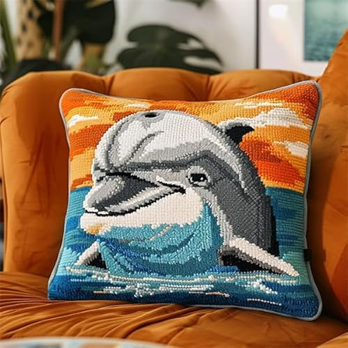 Kitquiver Knüpfkissen Set Delphin Knüpfen und Weben Set 43X43cm Knüpfen Handarbeit Set Kissen Bastelset Knüpfen Handwerksset Kissen DIY Bastelset für Anfänger für die Sofa-Heimdekoration
