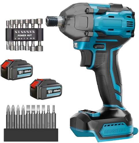 Cordless Impact Wrench 18V, High Torque 450N.m 1/2Inch Brushless Impact Gun with 2PCS 3.0Ah Batteries, Fast Charger & 5X Impact Sockets, Power Impact Driver for Car Tire