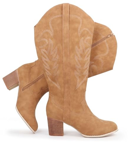 Chicblooms Stivali da cowboy da donna con polpaccio extra largo, da cowgirls, alti al ginocchio, Abbronzatura, 43 EU