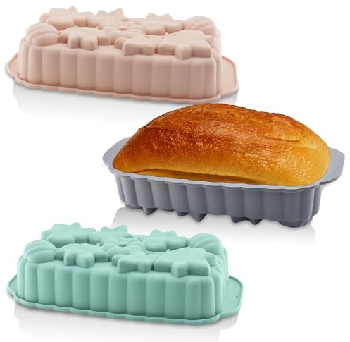 TOKSEO 3 Pièces Moule à Pain Rectangulaire en Silicone, 27 x 15 x 6 cm Motif Floral Moule Silicone Rectangulaire Patisserie (Gris, Bleu, Rose)