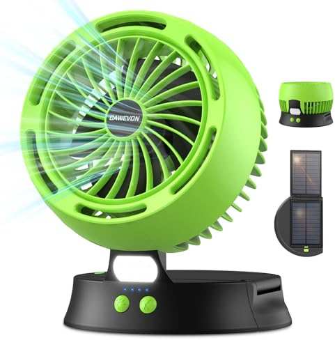 Solar Powered Portable Fan With LED Lantern and Solar Panel, 4 Speeds Rechargeable Desk Fan for Indoor Outdoor Camping, Travel (Green)