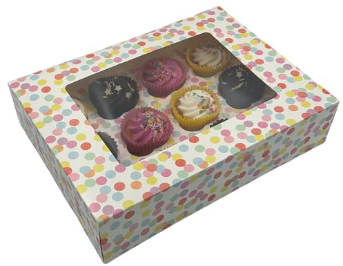 SwiftPick Home 3 Pack 12 Hole Cupcake Boxes |Multicoloured Polka Dots | Cupcake Boxes With Clear Window | Removable Tray Insert | 32 x 24 x 7.5cm | For Cupcakes, Muffins, Pies, Cakes
