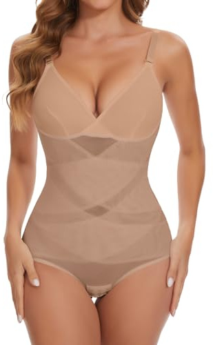 SHAPERIN Women Tummy Control Bodysuit Shapewear Waist Trainer Body Shaper V Neck Slimming Leotard Sculpting Body Suit, Beige, M