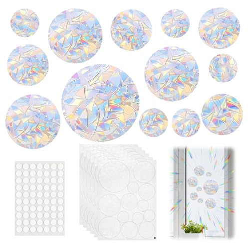 FICOFISE 65 Stück Prisma Fensteraufkleber, Suncatcher Sticker PVC, Anti Kollisions Regenbogen Folie Fenster, Fenstersticker Elektrostatische Adsorption mit Doppelseitige Klebepunkte, für Türen Fenster