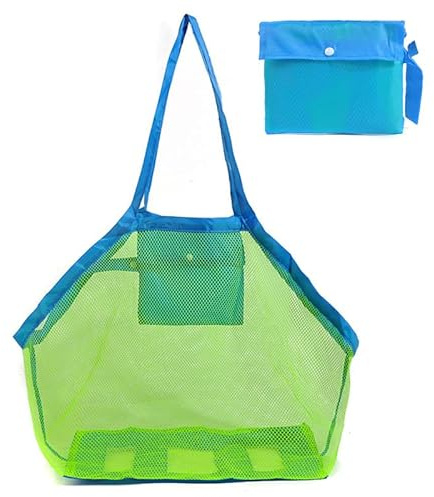 LEMAXELERS XXL Sac à jouets de plage réutilisable Sac à jouets en maille léger et pliable pour le transport des jouets et des serviettes, sable à jouets, 45 x 30 x 45cm Maille verte/bande bleue