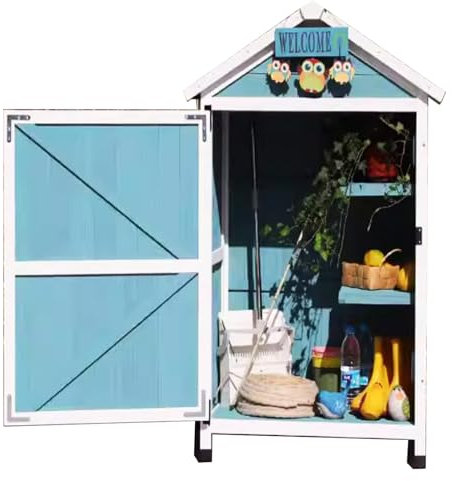 Mobiletto Portaoggetti In Legno Per Esterni Con Ripiani Casetta Da Giardino Impermeabile Con Doppie Ante Organizer Per Attrezzi Blu E Bianco Per Patio Cortile O Balcone.