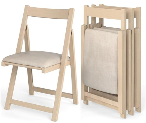 COSTWAY 2/4 Pack Folding Chairs, Fabric Padded Dining Chairs with Curved Backrest and Foot Pads, Rubber Wood Frame Upholstered Side Kitchen Chair for Home Office Wedding Event (4, Beige)