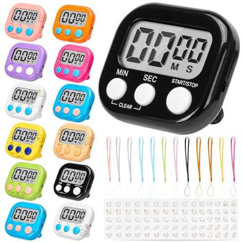 12-Pack Digital Kitchen Timer Magnetic Countdown Stopwatch with Loud Alarm | Large LCD Display, Back Stand & Hook with String for Cooking Baking Games Kids Classroom & Gym - Up to 99:59 Minutes