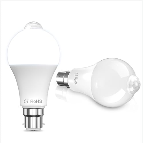 Klarlight PIR Motion Sensor Light Bulbs, 10W B22 A60 Cold White 6000K Auto On/Off LED PIR Bulbs, BC Bayonet Cap Sensitive Bulbs for Garage, Hallway, Patio, Balcony (2-Pack)