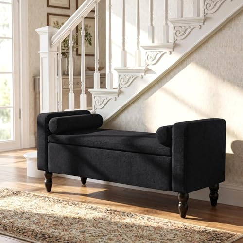 Banc Coffre de Rangement 116 cm | Banc de Bout de Lit en Tissu Chenille | Banc Rembourré avec Espace de Rangement Noir, Meuble à Chaussures, Tissu Doux, pour Entrée, Chambre & Salon