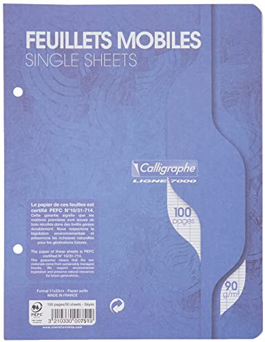 Calligraphe 751C Un Paquet de Feuillets Mobiles Perforés sous Film (une Marque de Clairefontaine) - 17x22 cm - 100 Pages Grands Carreaux - Papier 90 g