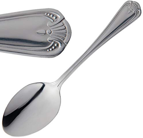 Olympia Jesmond Stainless Steel Dessert Spoon (Pack of 12) | Classic Jesmond design features a traditional scroll pattern, offering a comfortable grip for commercial dining use.