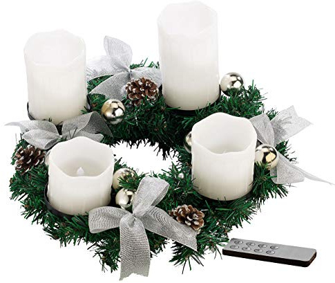 Britesta Tannenkränze LED-Kerzen: Adventskranz mit weißen LED-Kerzen, silbern geschmückt (Adventskranz Künstliche, mit Leuchten, Weihnachten)