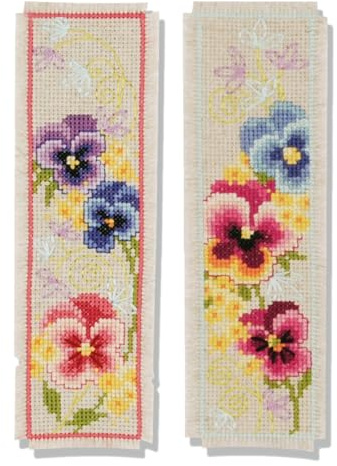 Vervaco Lesezeichen Kreuzstich Stickpackungen Gezählter Kreuzstich Stiefmütterchen 2er DIY Set Erwachsene Sticken Lesen Zubehör Geschenk Zählmusterpackung ca. 6 x 20 cm Stickset für Anfänger