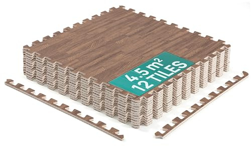 Yes4All EVA Interlocking Mats, Puzzle Floor Tiles, Foam Floor Padding with Border for Furniture, Home Space, Living Room, Garage - Dark Walnut Wood, 4.46 m2