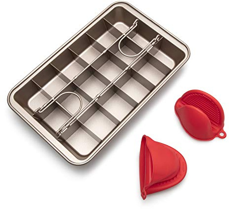 Aestic Brownie Pan 28x18 cm with Built-in Divider Insert Makes 18 Pieces Carbon Steel Non-Stick Copper Baking Tray for Oven - Easy Clean & Dishwasher Safe - Complete with 2 Silicone Oven Mittens