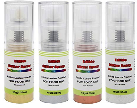 Edible Glitter Spray Set(Gold,Silver,Rose Gold,White), Non Aerosol Food Coloring Lustre Powder, Food Grade Sparkling Dust Push Pump for Decorating Cupcake, Fondant, Cookie, Frosting, Gum paste.