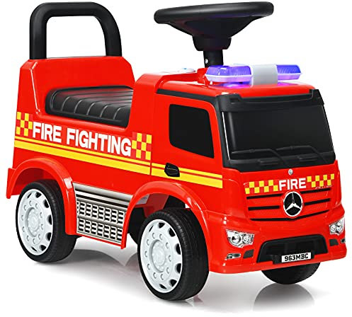 COSTWAY Ride On Push Car, Licensed Toddler Walker with Steering Wheel, Horn, Headlights, Under Seat Storage, Foot to Floor Slider Riding Toy for Boys Girls (Fire Engine)