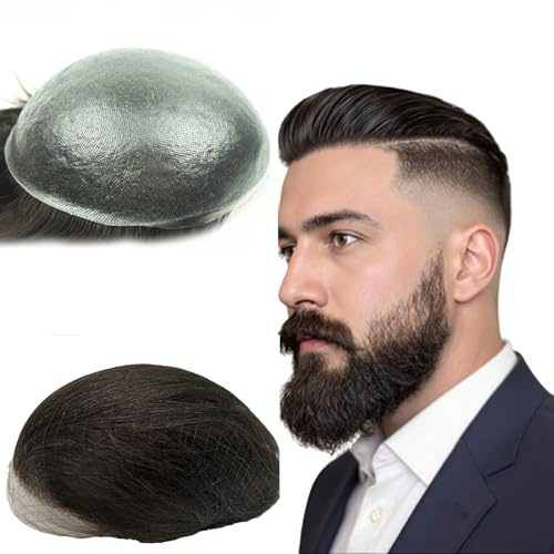 N.L.W. Echthaar Toupet für Männer, 0.04mm V-Loop PU transparentes dünnes echthaar perücke männer Haarersatz Perücken Natürliches Haar haarsystem mann Grundfläche 10 x 8 (#1 Tiefschwarz)
