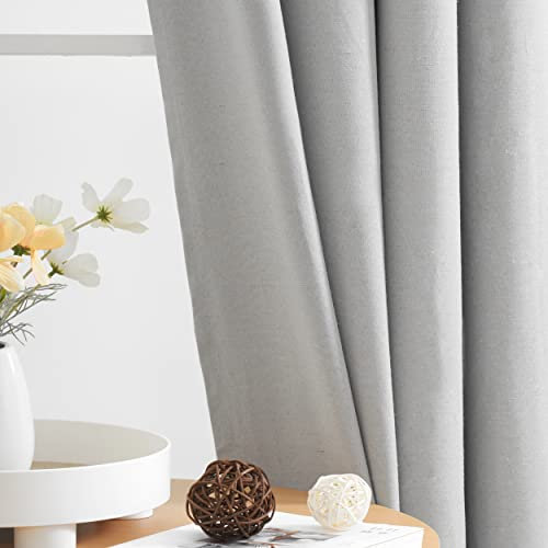 100% Blackout Curtains for Bedroom 90 Inch Modern Solid Living Room Thermal Grey Blackout Eyelet Curtains Noise Reducing Linen Look Set of 2 Curtain Panels for Office Studio/Hotel, 52 wide