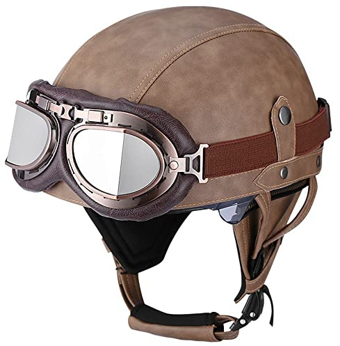 BDTOT Retro Motorrad Halbhelme Leder Halbhelm Deutscher Stil Roller Cruiser Chopper Anti-Collision Helm Abnehmbarer Gehörschutz mit Visier ECE Zertifiziert