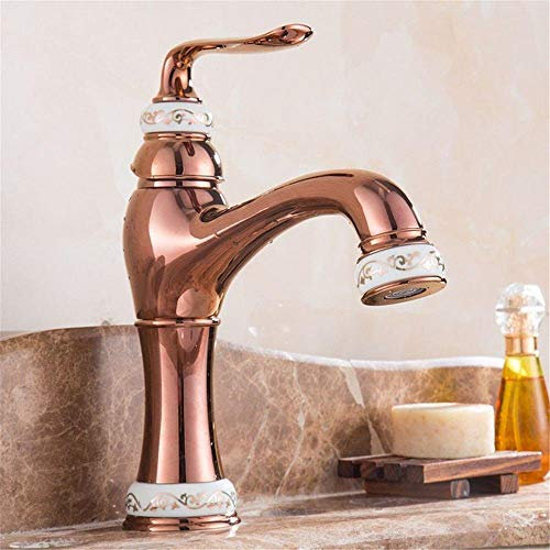 TAOZUYING Wasserhahn Edelstahl Messing Chrom Badarmaturen Küchenarmatur Vintage Jade Messing Roségold Einhand-Einloch-Keramikventil Heiß- und Kaltwasser-Badezimmer-Waschtischarmatur Marriage