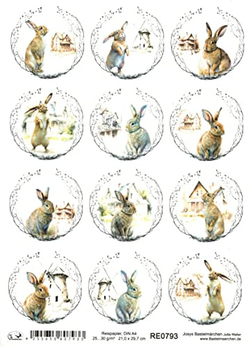 Josys Bastelmärchen Reispapier A4 Strohseide Decoupage Ostern Kranz Osterhase Haus Windmühle RE0793