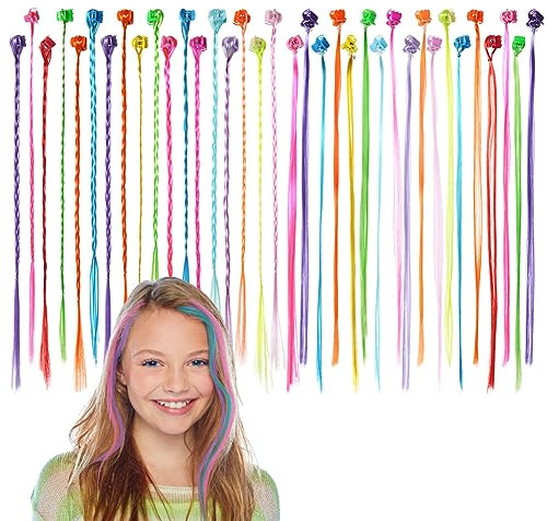 Aomig Haarsträhnen für Kinder - 36 Stück Haarschmuck Mädchen, Farbige Haarverlängerung Zum Einflechten, Bunte Haarsträhnen Mit Haarclips Zum Einklipsen für Party Festival