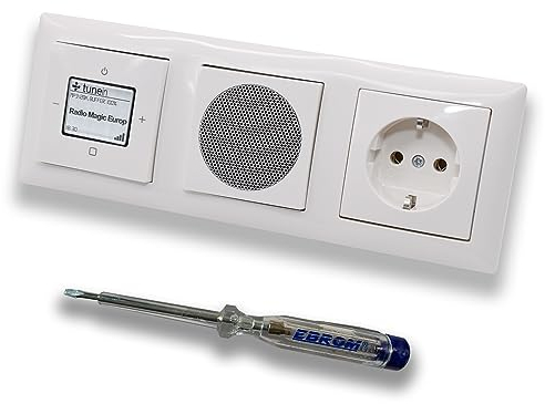 Busch Jäger iNet Internet Unterputz Radio 8216U Balance SI alpinweiß, Komplett-Set mit Lautsprecher, Abdeckungen, Steckdose, Rahmen + EBROM Phasenprüfer z. Montage der Geräte 8216U