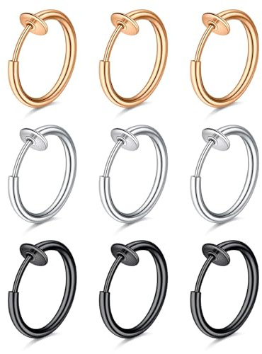 FECTAS 9Stk Fake Nasen Lippen Ohrring Ring Hoop Edelstahl Non Pierced Clip On Piercing Körperschmuck