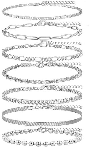 Wnddle 7 Stücke Fußkettchen für Damen, Glänzende Silber Fußkettchen, Boho Verstellbare Sommer Fußkettchen, Einfaches Vintage Damen Fußkettchen, für Frau Mädchen Tochter Freundin Geschenk.