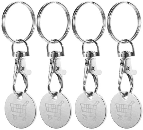 SEWACC Elegant Shopping Trolley Pendant 4pcs Trolley Token Keychains White Cart Stainless Steel