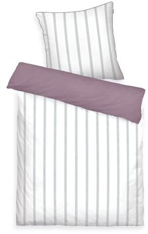 Tom Tailor Satin-Bettwäsche, 80x80 cm + 155x220 cm, 100% Baumwolle/Satin,mit Wendemotiv, Farbiger Paspel am Kissen und Markenreißverschluss, Classic Satin Stripes Weiß, Lila (Cozy Mauve & Fresh Sage)