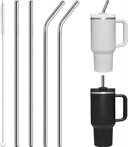 QHFlashbuy Metal Cannucce,4 Pezzi Cannucce Riutilizzabili In Acciaio Inossidabile con 1 Spazzole,Cannucce Metallo per Cocktail,Frullati,Latte,Caffè Freddo 31 cm