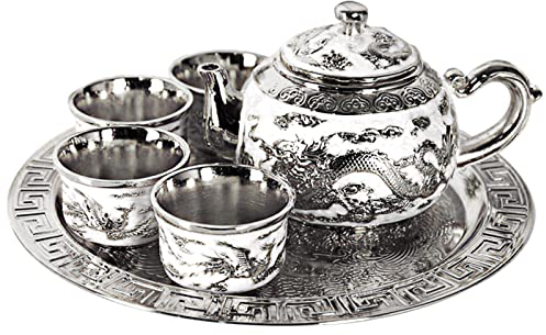 kaixiaochai Set bollitore per tè Vintage, Set teiera per caffettiera con 4 Tazze in Metallo e Vassoio per tè, teiera Artigianale per Decorazioni da tavola, Regalo di Nozze (Argento)