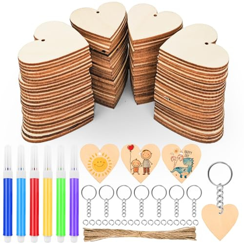 Hengxinc 100 PCS Wooden Hearts for Crafting | 4cm Wooden Keyring Blanks with 10m Twine, Unfinished Craft Hearts Shapes with Hole Tags, Make Your Own Keyrings DIY Keyrings