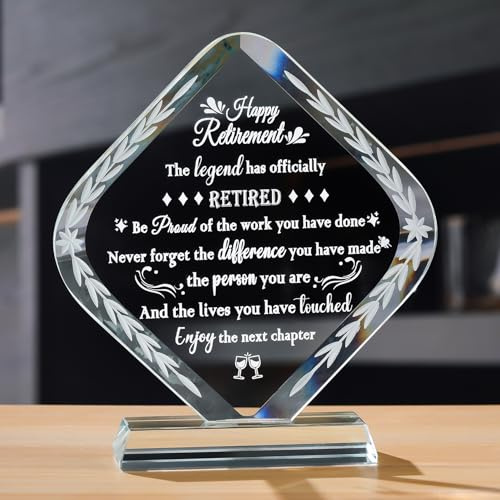 Movdyka Crystal Plaque Happy Retirement Gifts for Women Men Ornaments | Glass Retired Medal Presents for Parents Colleagues Friends, Going Away Retirement Keepsakes for Her Leaving, Home Ornaments