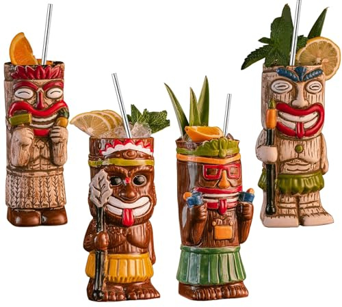Vinbcorw Cocktail Tiki Becher Set, 4 Stück exotischer, mattierter Becher mit 4 Trinkhalmen, Tiki-Party, kreatives Cocktailglas, Getränke, Bar-Getränkegeschirr, exotisches, süßes Bargeschirr,A11