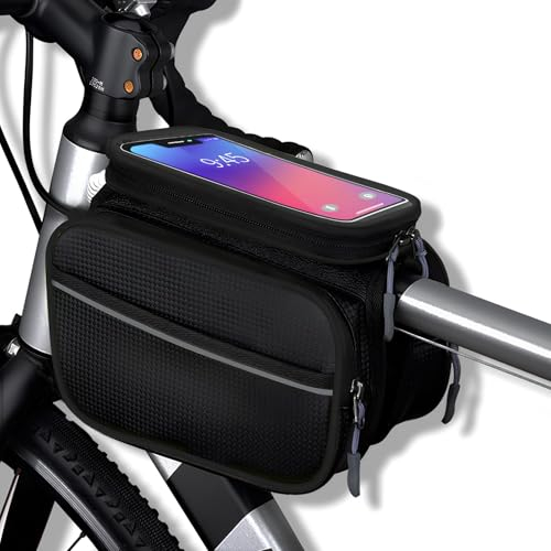 Lunaanda Bike Frame Bag, Waterproof Bike Phone Holder Phone Mount Large Capacity Top Tube Bag with TPU Touch Screen and Rain Cover for Road and Mountain Bikes Accessories, Black