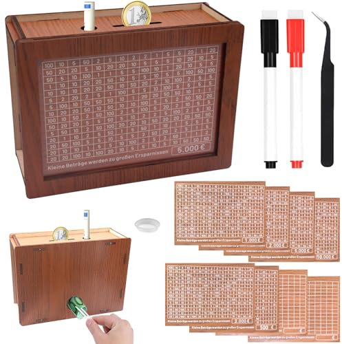 10000€ Salvadanaio in legno, riutilizzabile, retrò contenitore con 10000 5000 3000 2000 1000 500 Euro (edizione 2.0)