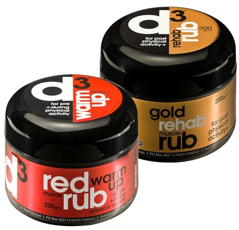 d3 Gold & Red Mixed Rub Pack (2 x 200g) Post Workout Rehab Muscle Massage Cream Rub Peppermint Arnica | Pre Workout Rub Winter Green Eucalyptus | Physio Sports Massage Injury