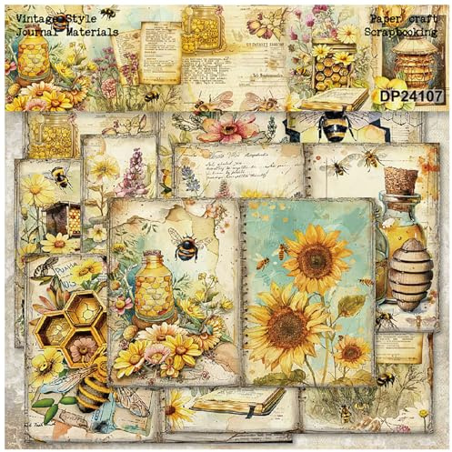 ZAKHSE Motivpapier Designpapier, 24 Blätter Bienen Sonnenblumen Design Papier Einseitig Bedruckt Scrapbook Papier, 21×14,5cm Herbst Bastelpapier DIY Kartengestaltung Scrapbook Zubehör-8 Muster