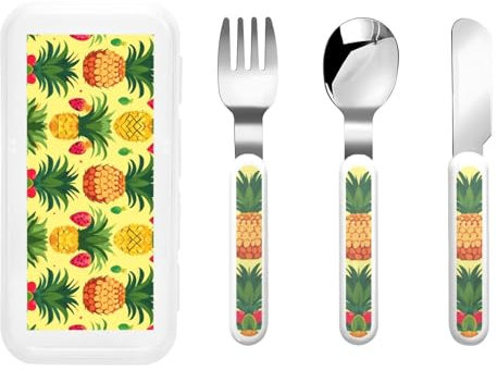 Reusable Pineapple Print Fork, Spoon Knife with Storage Case,Dishwasher Safe for School Lunch,Travel