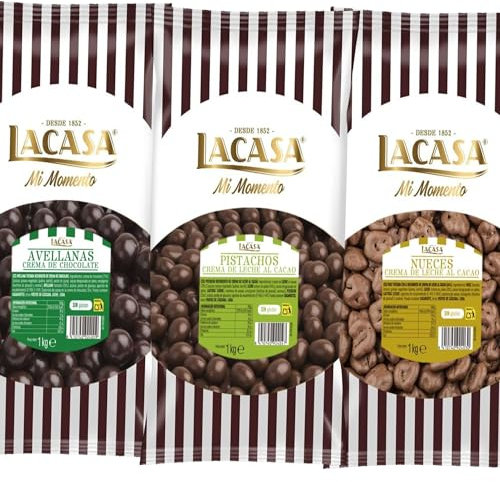 Lacasa Pack 3kg de bolas: Avellana con chocolate Negro,Nuez con chocolate con Leche,Pistachos con chocolate Leche