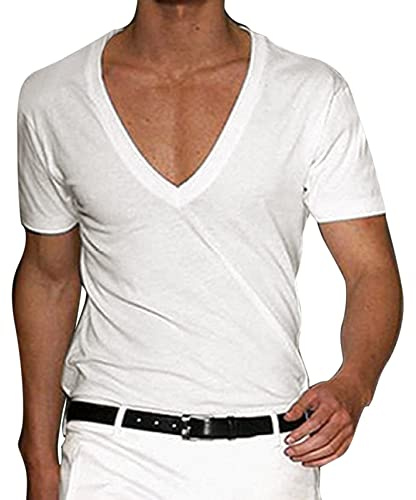 T-shirt à col en V profond pour homme - Col V - Invisible et respirant - Ourlet croisé - Muscle extensible - Gym - Entraînement - Manches courtes - Coupe basse, Blanc., 3XL