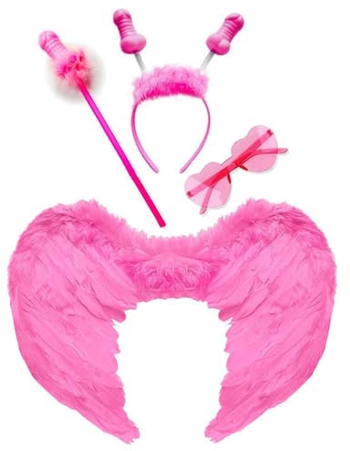 Hochzeitsset Haarreif und Zauberstab Rosa mit Erbsen + Herzbrille + Engelsflügel für die sexy Party Junggesellinnenabschied Braut Hot Gadget für Erwachsene 18+