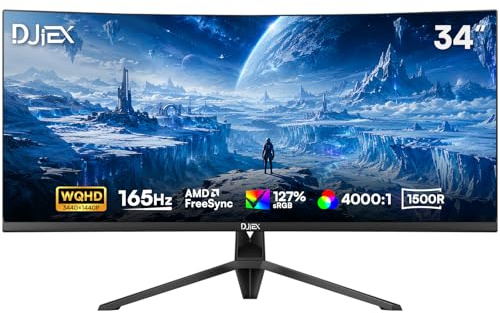 DJiEX 34 Inch Curved Gaming Monitor,21:9 WQHD 3440x1440 165Hz Curved 1500R - Ultrawide Computer Monitor PIP/PBP,1ms(MPRT) 127% sRGB,HDMI & DP,Tilt Adjustable,Panoramic for Office & Immersive Gaming