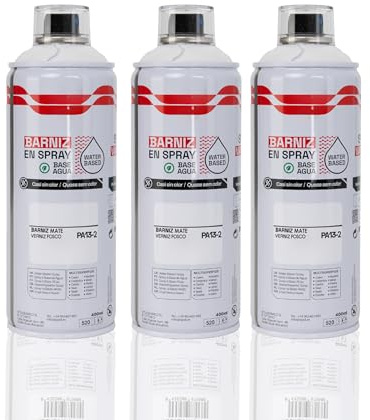 BESCH Pintura en Spray Base Agua 400ml – Ecológica, Sin Olor, para Madera, Plástico, Metal y Cartón – Cobertura Uniforme y Secado Rápido - Barniz Mate, Pack de 3 unidades